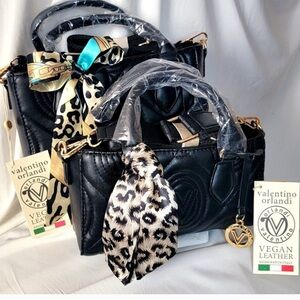 Valentino Orlandi (2fer) Black & Gold Quilted Mommy/Me Crossbody Bag w/ Bow~NWT